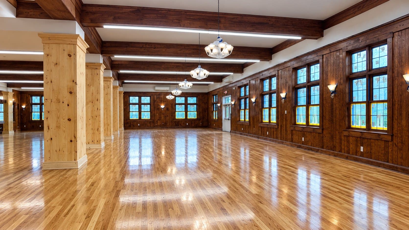 A finished hall with exposed timber beams and chandeliers, windows down both sides above a full-length wood floor